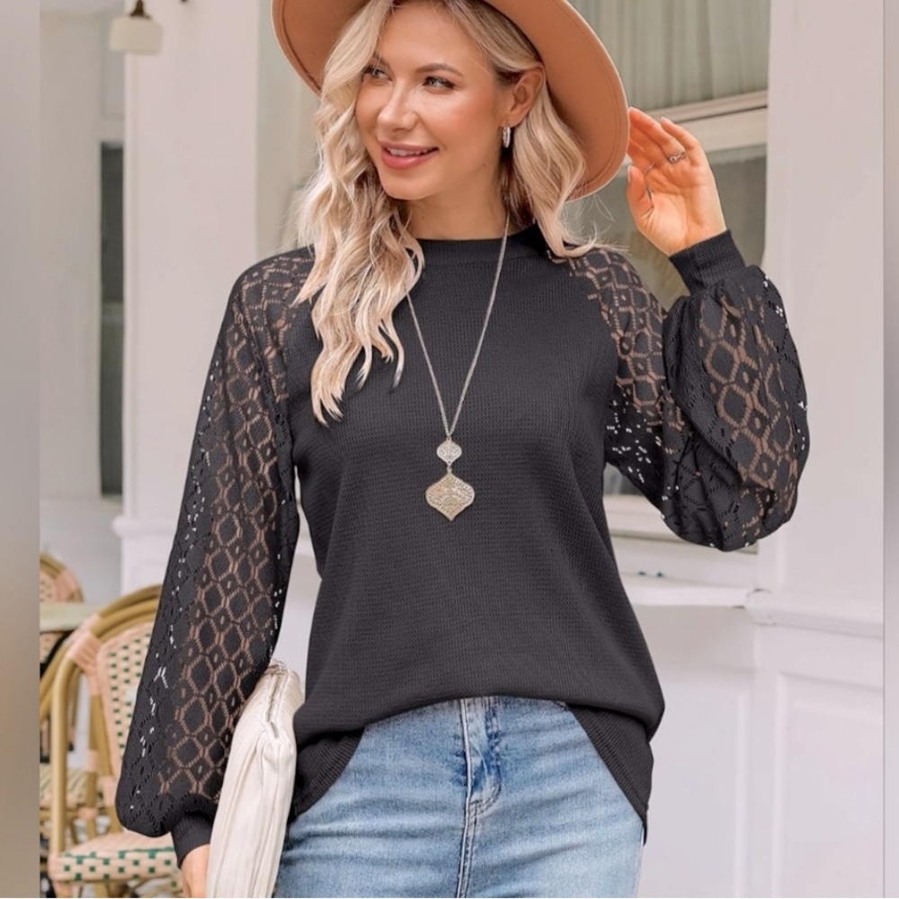 MIHOLL Waffle Knit Boho Lace Long Sleeve Sz M